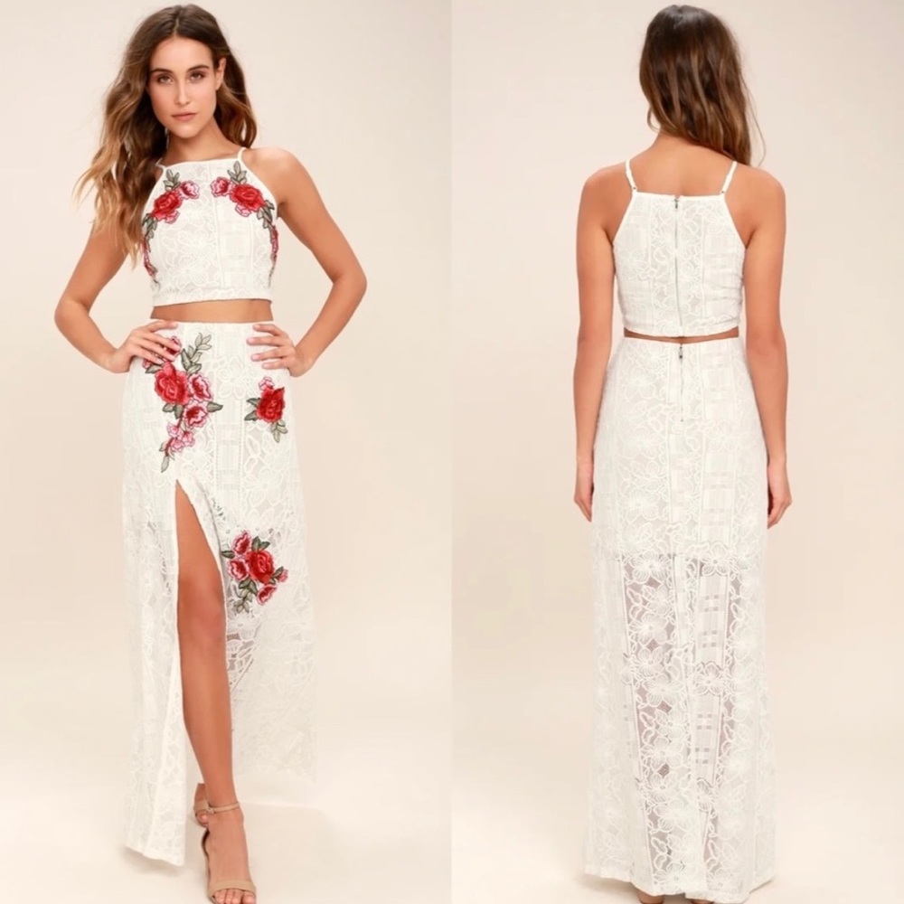 Lulu’s Take a Vow Ivory Lace Two-Piece Maxi Dress floral embroidered